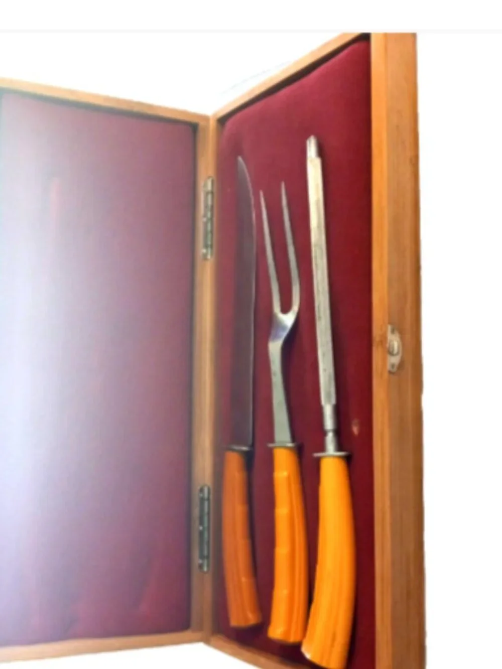 Vintage Craftsman USA Carving Set Knife Fork Steel Wood Box Stainless 3 Pc